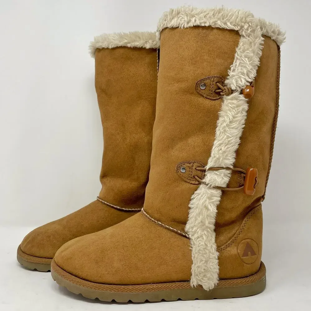 Airwalk Brown Fleece Toggle Boots Girls Size 1 Faux Suede Winter Faux Fleece